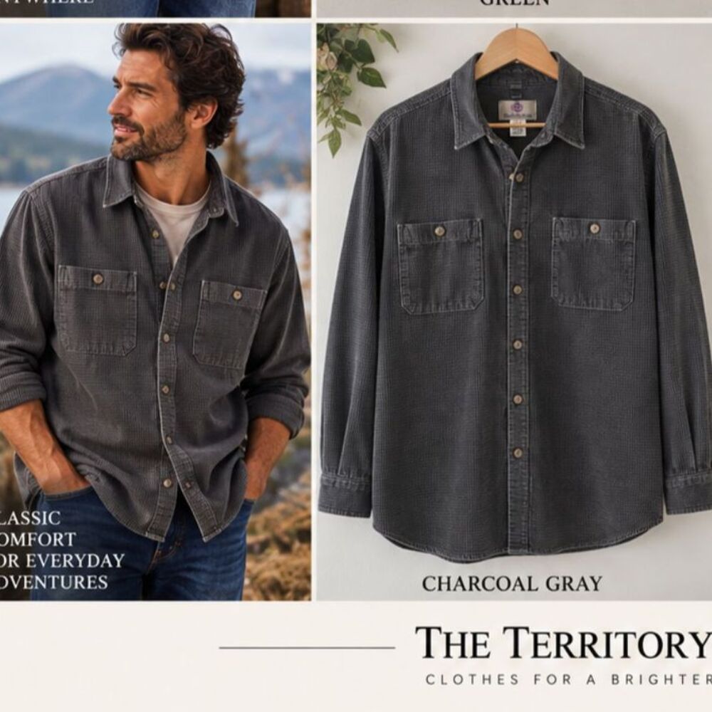 The Territory Ahead Men's XXL Waffle Cotton Shirt Grey 2XL Long Sleeve